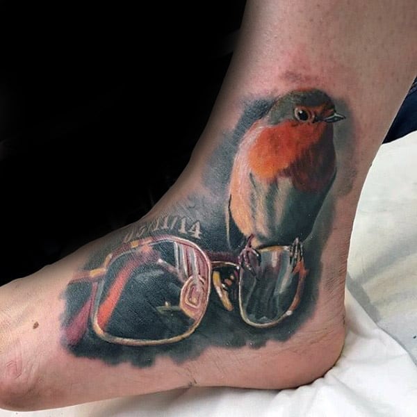 Bird With Glasses Memorial Guys Foot And Ankle Tattoo