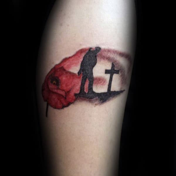 Cool Memorial Red Watercolor Poppy Flower Fallen Solider Arm Tattoo