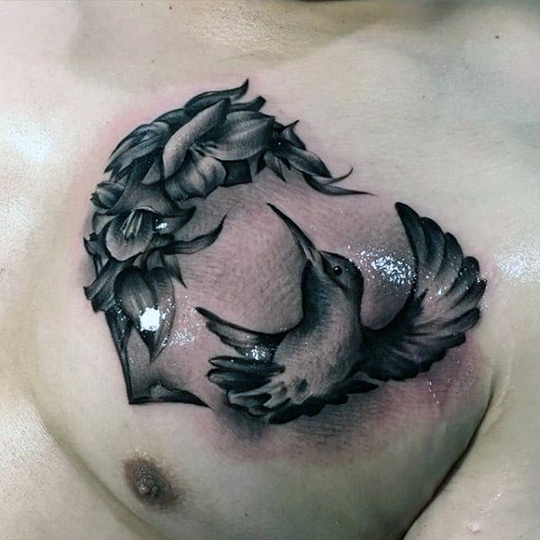 Dove With Flowers Mens Memorial Heart Tattoo