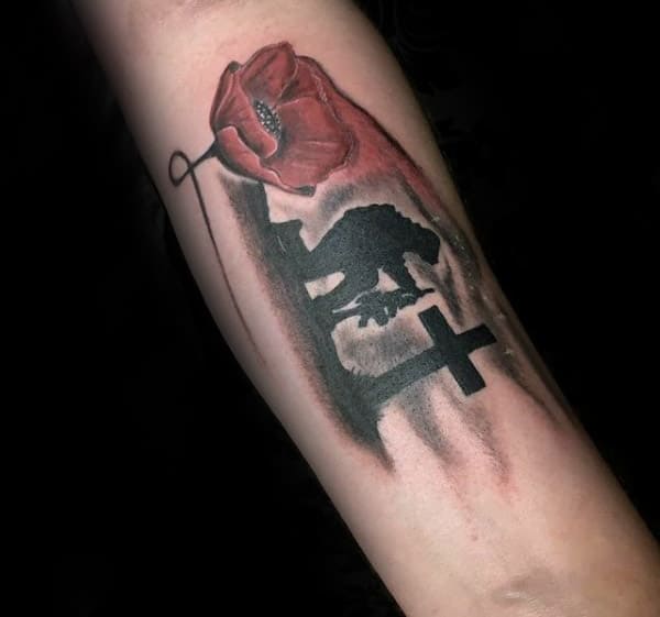 Fallen Solider By Cross With Watercolor Red Poppy Flower Male Memorial Tattoos