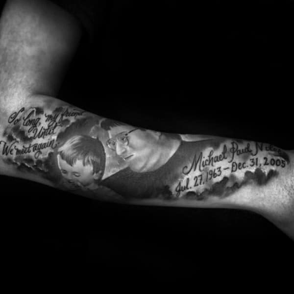 Father And Son Realistic Memorial Forearm Tattoo Ideas