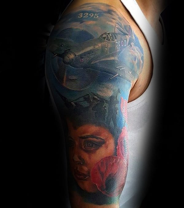 Fighter Plane Guys Memorial Poppy Flower Military Themed Sleeve Tattoo