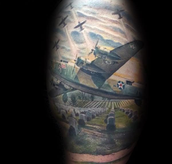 Fighter Plans Over Graveyard Memorial Military Mens Realistic Tattoo