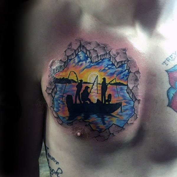 Fishermen Guys Stone Memorial Sunset Chest Tattoos