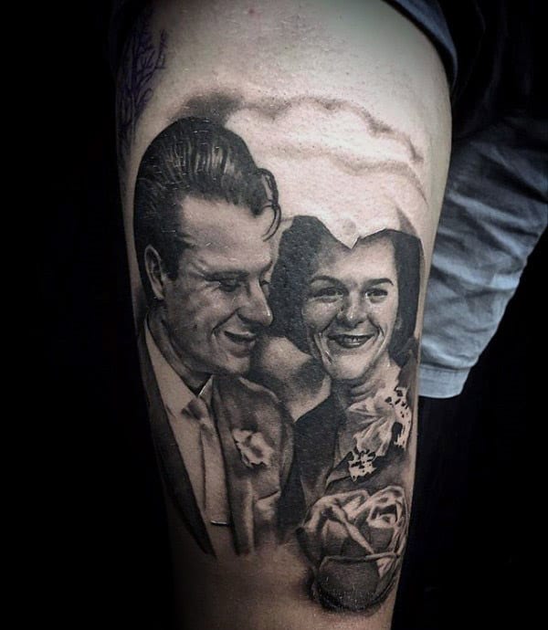 Grandparents Memorial Mens Thigh Tattoos With Realistic Portrait Design