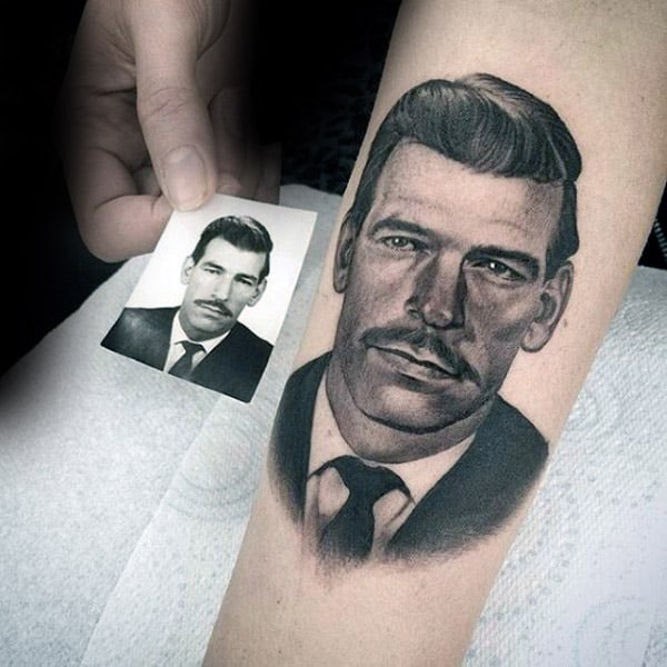 Guys Dad Memorial Portrait Arm Tattoo With Realistic Design