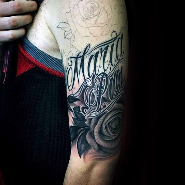 Guys Memorial Rose Flower Tribute Tattoo Designs On Upper Arm