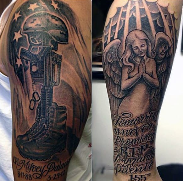 Black And Grey Military Memorial Tattoo On Right Forearm