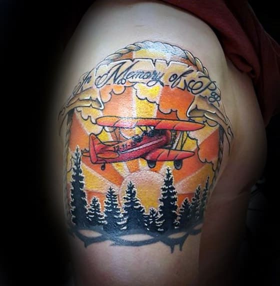 In Memory Of Mens Memorial Airplane Upper Arm Tattoos