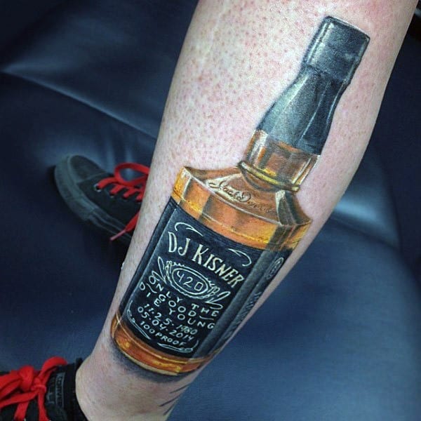 Jack Daniels Bottle Guys Memorial Leg Tattoo