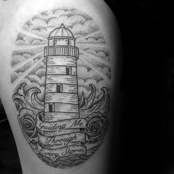 Lighthouse Mens Banner Memorial Dotwork Thigh Tattoos