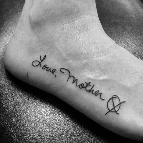 Love Mother Memorial Mens Foot Tattoo With Lettering Design