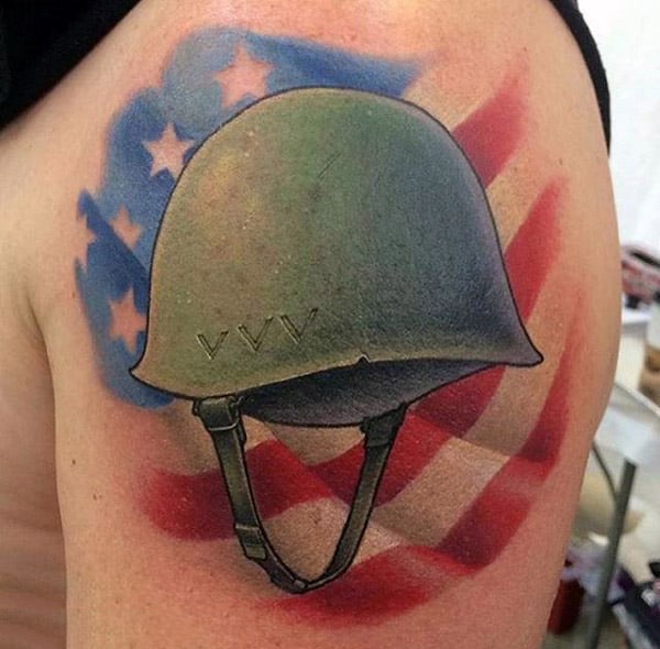 Male With Memorial American Flag And Military Helmet Tattoo