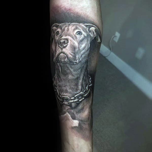 Man With Inner Arm Tattoo Of Dog Memorial Design