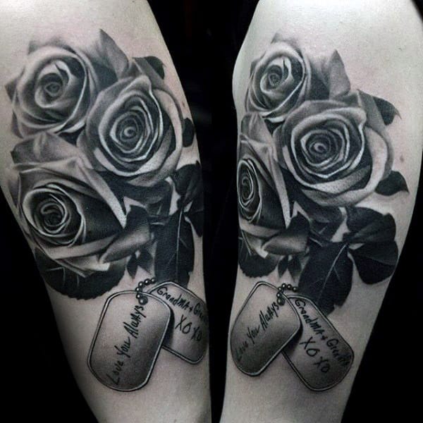 Memorial Rose Flowers With Dog Tags Upper Arm Tattoos For Men