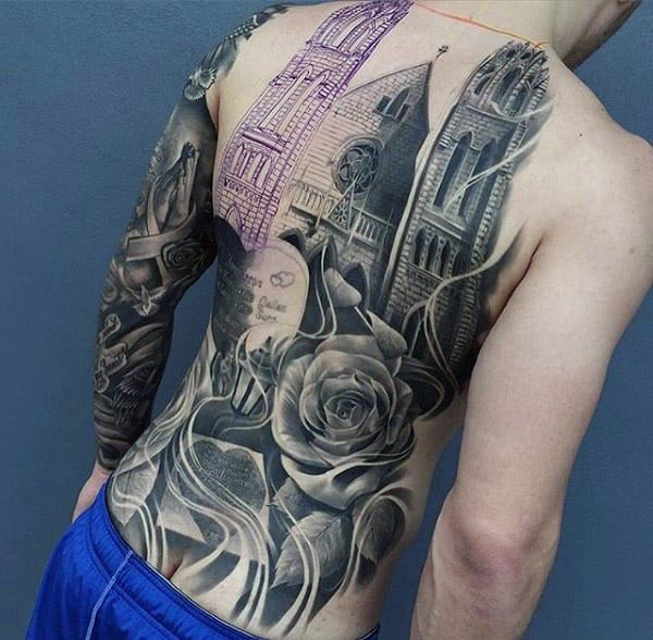 Mens Full Back Church With Tombstone Memorial Realistic Tattoos