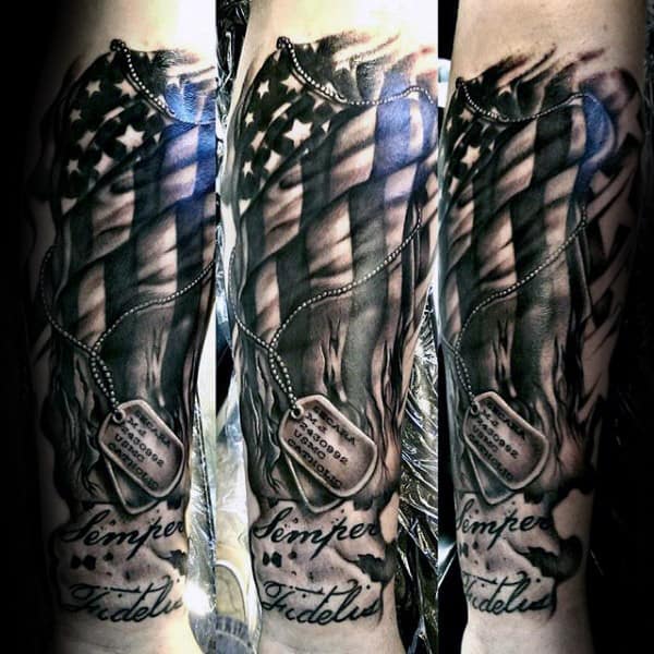 Mens Memorial American Flag Dog Tag Tattoos On Forearm