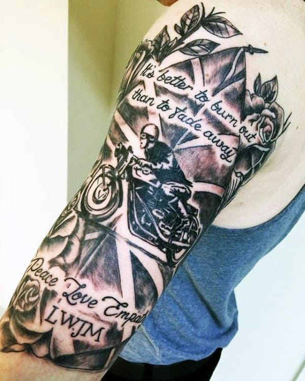 Inklogics  Douche delevering on this memorial biker tattoo     inklogics bentoncountytattoo blackandgraytattoo bikermemorialtattoo  guyswithink  Facebook