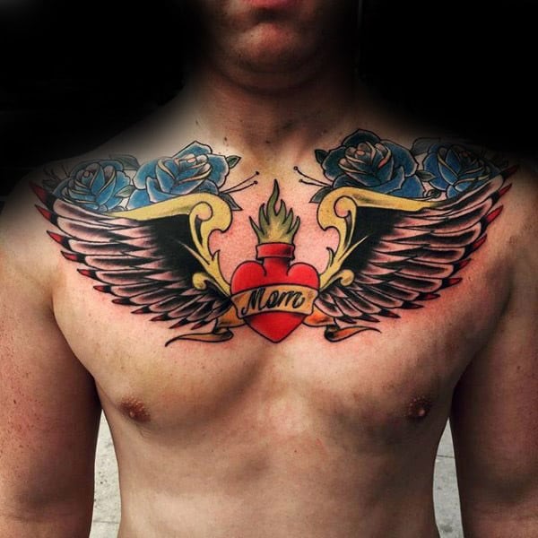 Mom Heart With Wings And Blue Roses Guys Memorial Chest Tattoos