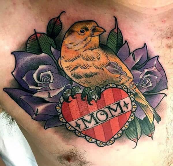 Mom Memorial Mens Chest Tattoo With Bird And Purple Rose Flowers