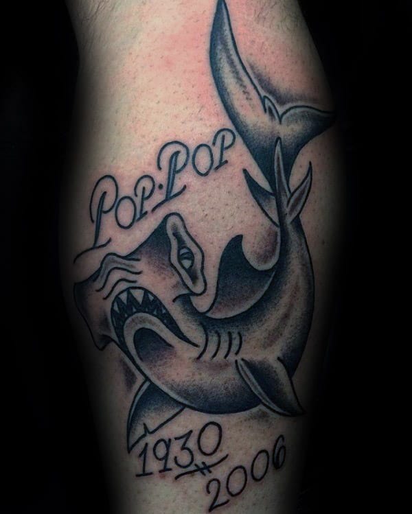 Pop Mens Memorial Shark Tattoo On Leg Calf