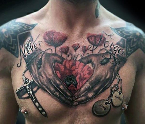 Poppy Flower Never Forget Mens Memorial Chest Tattoo With 3d Design