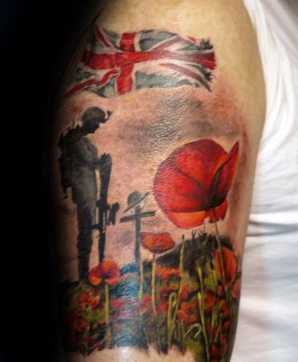 Poppy Flower Soilder Memorial Upper Arm Tattoos For Males