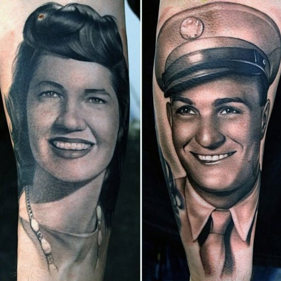 Portrait Mother And Father Mens Memorial Realistic Arm Tattoos