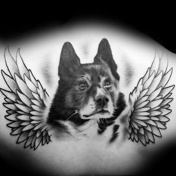 Realistic Dog With Angel Wings Mens Memorial Back Tattoo