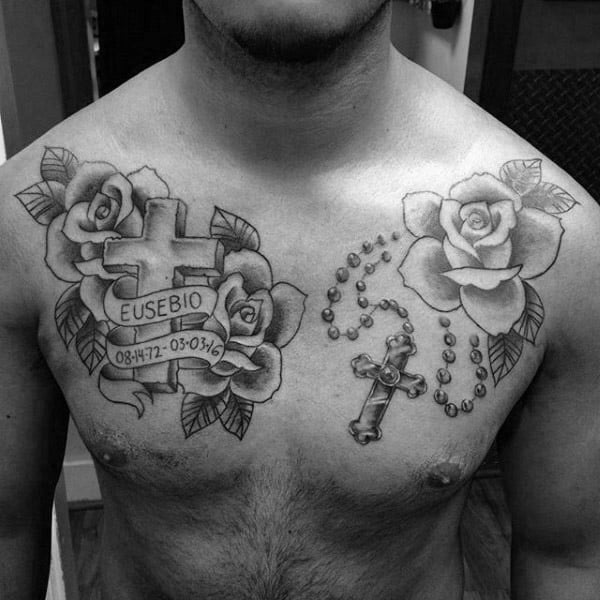 Religious Cross With Rosary Guys Memorial Chest Tattoos