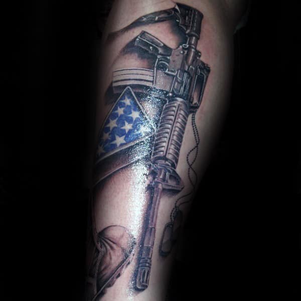 Rifle With Folded American Flag Memorial Fallen Solider Mens Arm Tattoo