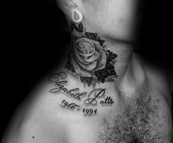 Rose Flower Memorial Guys Neck Tattoos