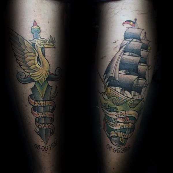 Sailing Ship With Dagger Memorial Back Of Leg Mens Tattoos