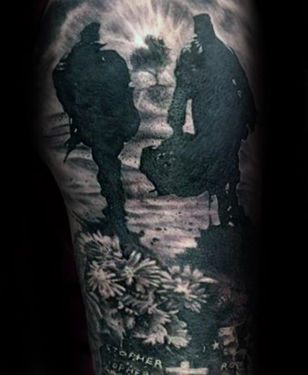 Soilders Memorial Guys Sleeve Tattoo With Shaded Black And Grey Ink
