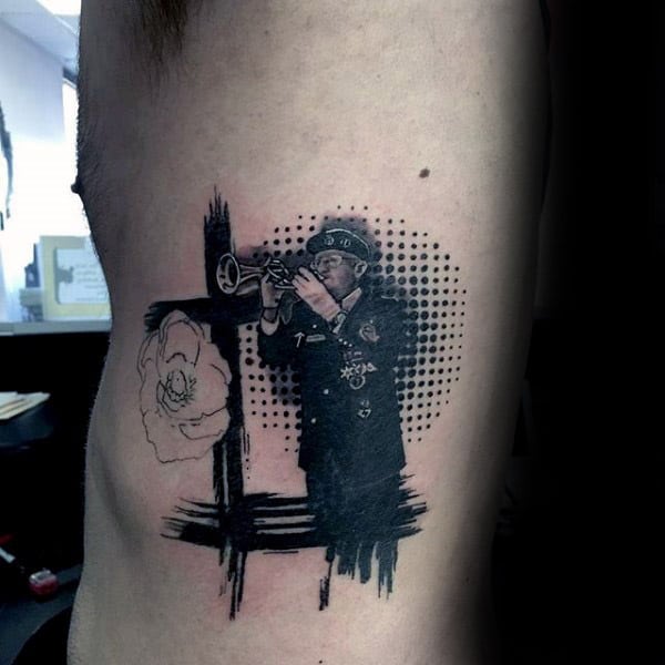 Solider Blowing Horn Guys Abstract Memorial Ribs Tattoo