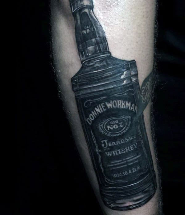 Whiskey Bottle Guys Memorial Forearm Tattoos