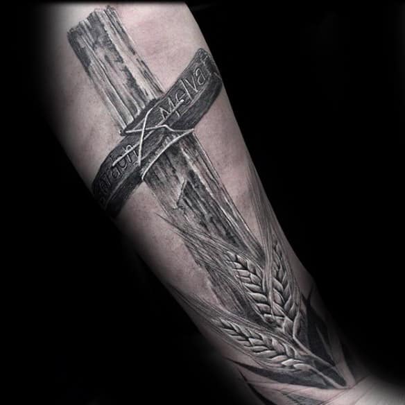 Wood Cross Memorial Male Inner Forearm Tattoo