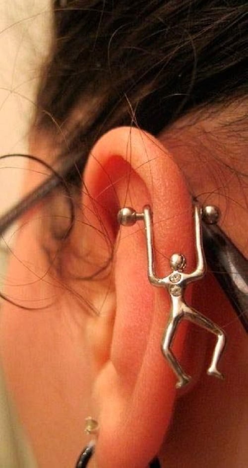 Barbell Helix Earring with Metal Human Figure