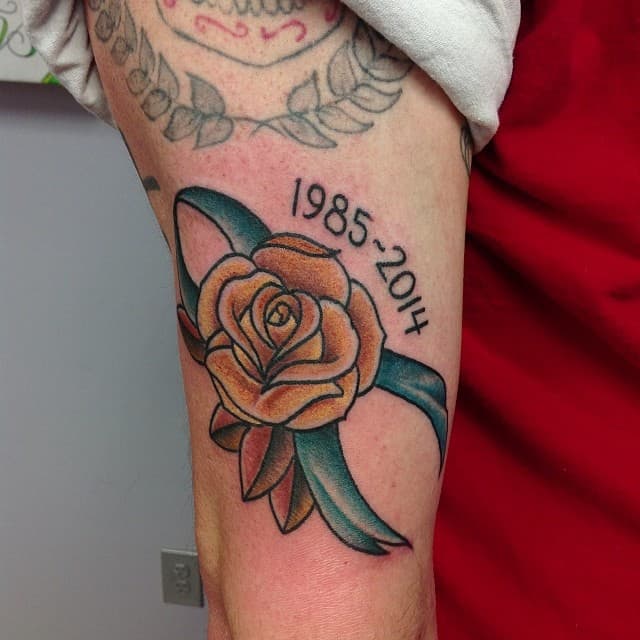 Blue Rose Flower And Pink Ribbon Cancer Tattoo