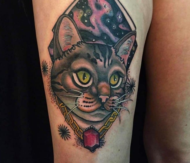 Cat Portrait Tattooed On A Goth Woman's Thigh