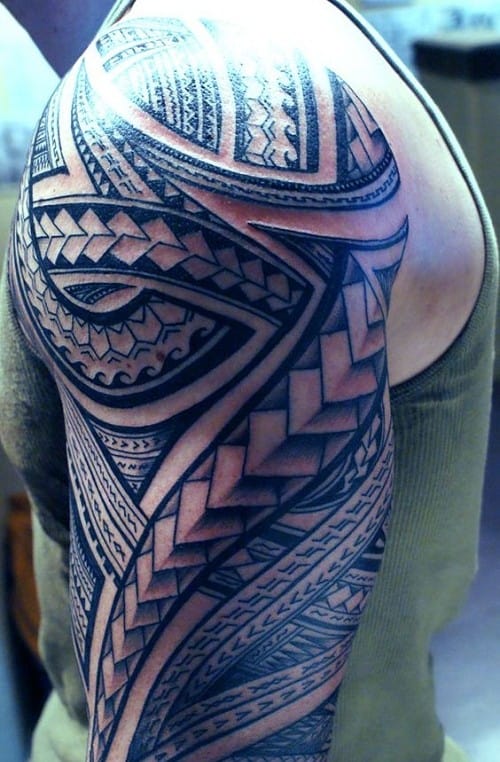 Ocean And Spear Head Polynesian Sleeve Tattoo