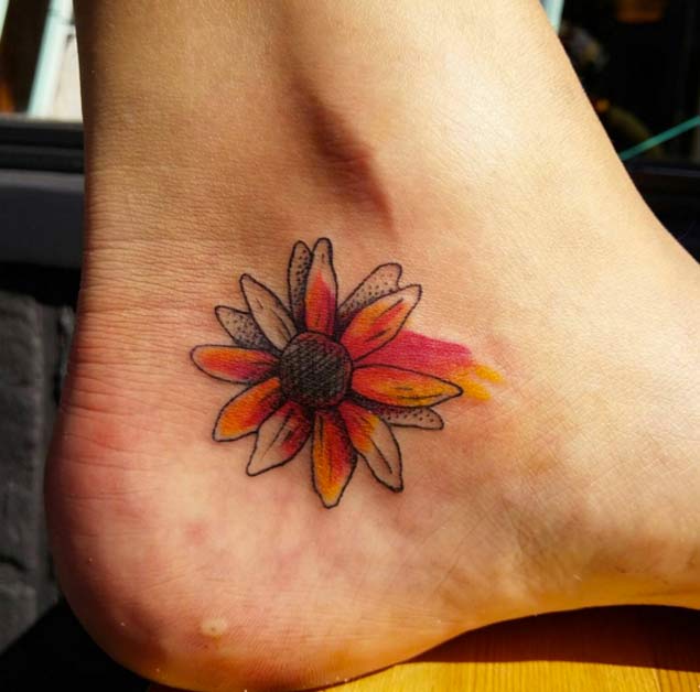 Watercolor Sunflower Tattoo on Ankle by Nora Pruyser