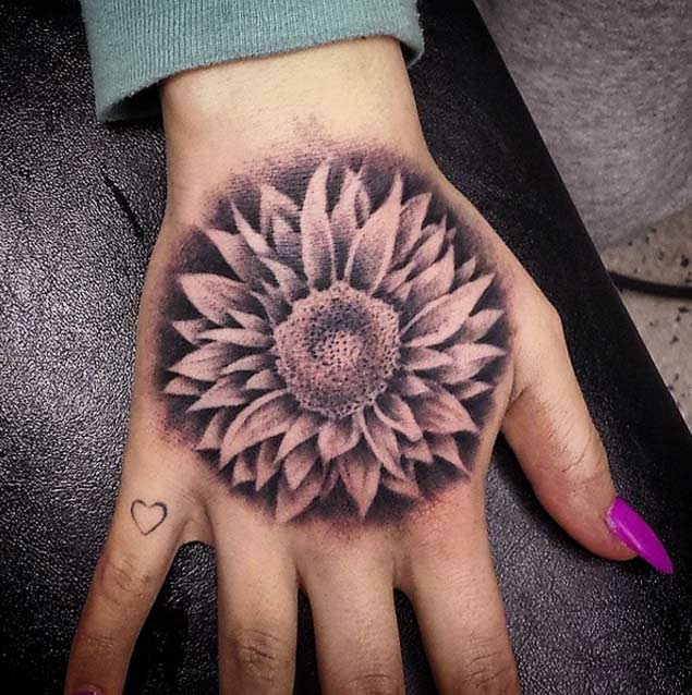 Sunflower Tattoo on Hand by Tanner Howard