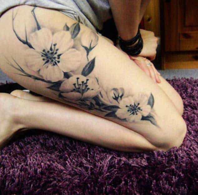 cherry blossom tattoo black and white thigh