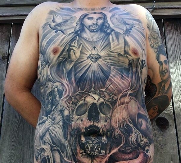 chest-stomach-mens-christian-tattoo-of-jesus-and-skulls