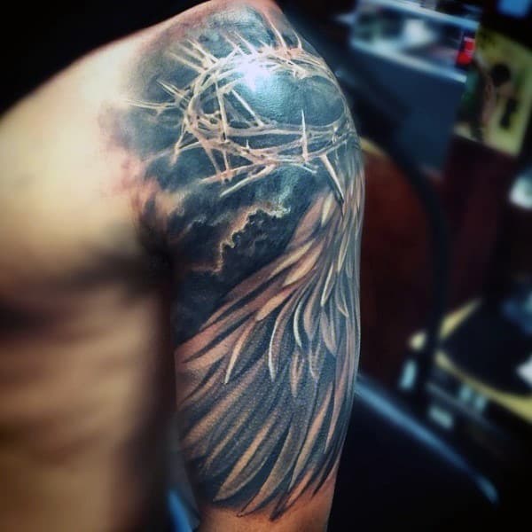 christian-half-sleeve-tattoo-designs-for-males-crown-and-wings