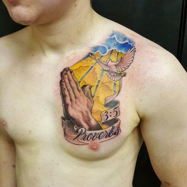 burlylark18 amazing chest tattoo desing of the Holy Bible