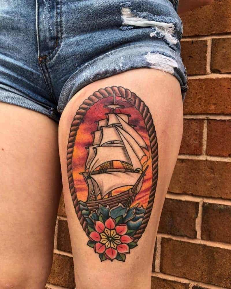 boat tattoo on thigh