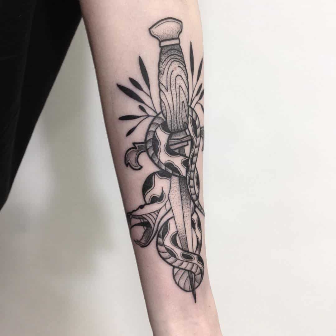 Snake with dagger. Floral piece. #snake #dagger #arm #forearm #tattoo  #tatscott #flower #floral #ink #orchid #chrysanthemum | Instagram