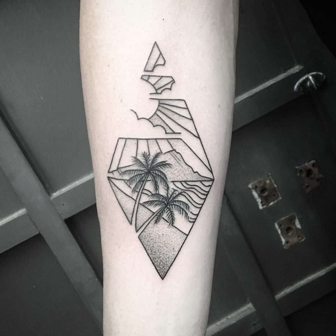 geometric palm tree tattoo on forearm